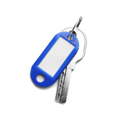Plastic tag with key on white background