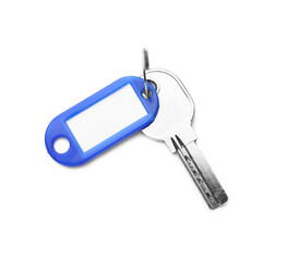 Plastic tag with key on white background