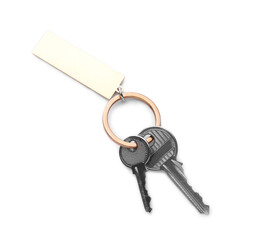 Stylish keychain with keys on white background