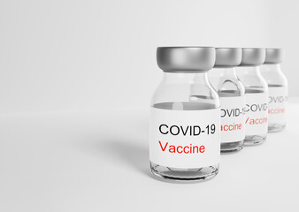Bottles vial of Covid-19 coronavirus on white background. 3D render. 3D illustration.