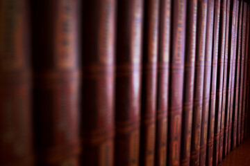 Blurred book library wallpaper for design. Bookcase shelf. Selective focus on last book cover