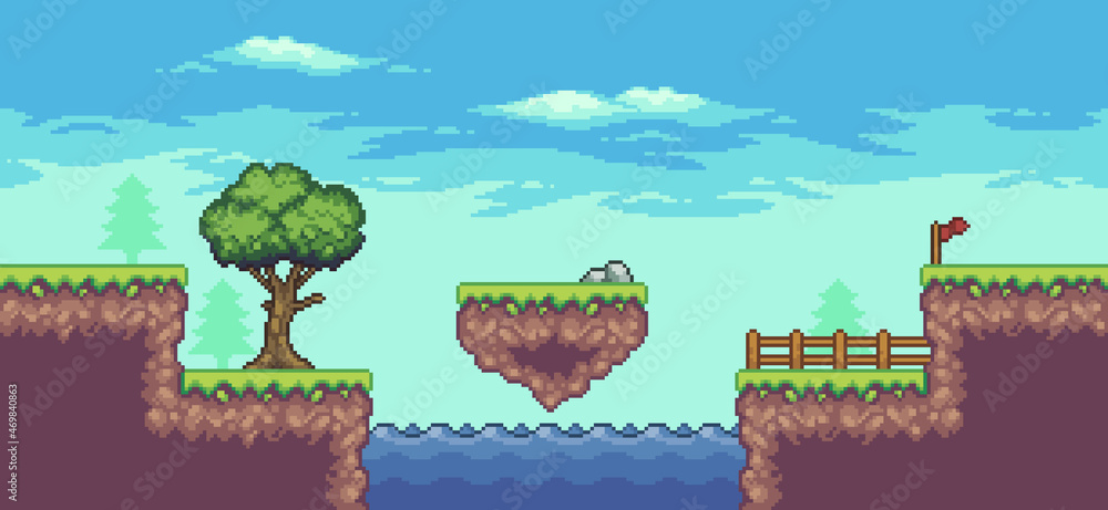 Poster pixel art arcade game scene with tree, lake, floating island, fence, flag and clouds 8 bit vector ba