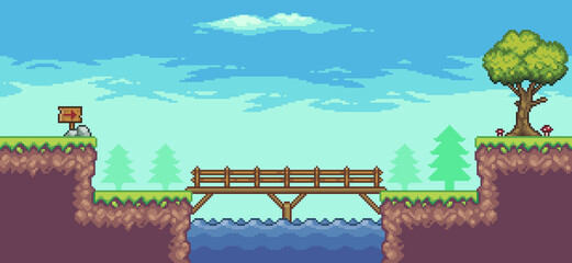 Pixel art arcade game scene with tree, lake, bridge, fence, board and clouds 8 bit vector background  © Kaleb