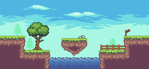 Pixel art arcade game scene with tree, lake, floating island, fence, flag and clouds 8 bit vector background  © Kaleb