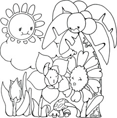 vector cartoon sun tree flowers garden