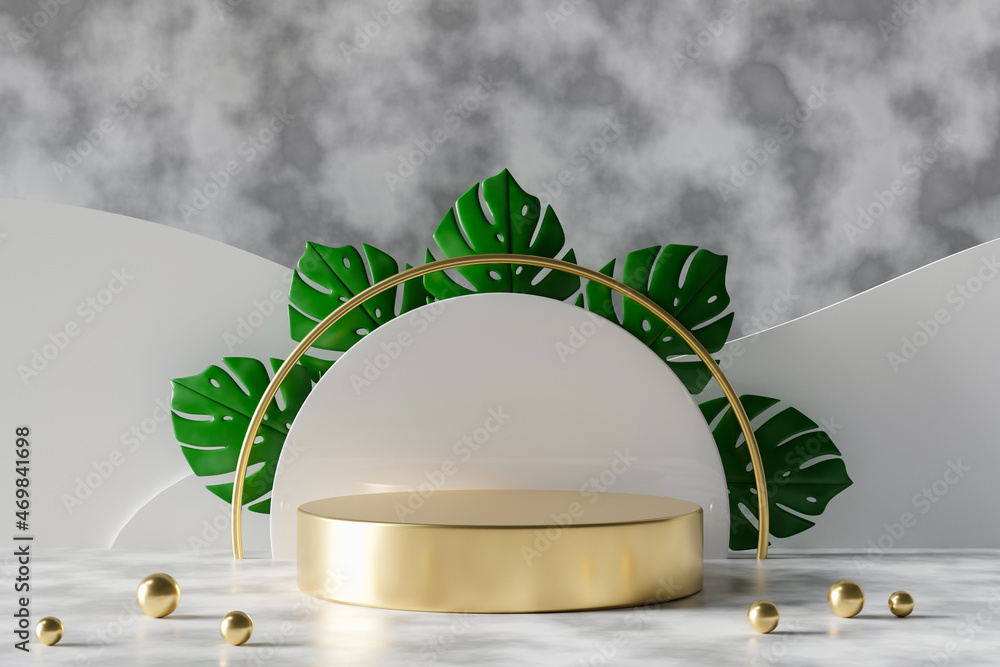 Poster 3d rendering empty gold cylinder podium with monstera leaves. abstract scene for product display.