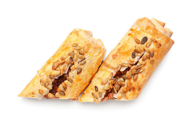 Delicious cut pumpkin strudel on white background