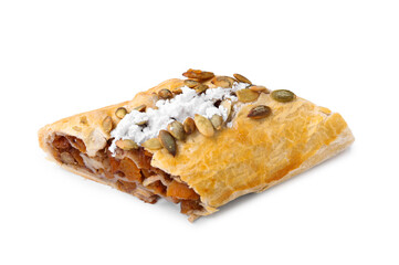 Piece of delicious pumpkin strudel on white background