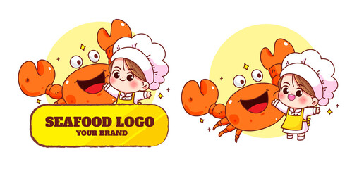 Cute chef and crab seafood logo mascot character food restaurant cartoon © mamewmy