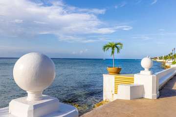 Naklejka premium San Miguel de Cozumel, Mexico, sea Malecon route with sculptures and scenic ocean views going along the ocean shore.