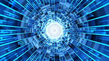Sci-fi abstract tunnel with blue light beams and random panels. 3D rendered image.