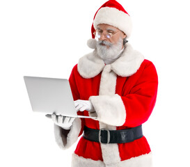 Santa Claus with modern laptop on white background
