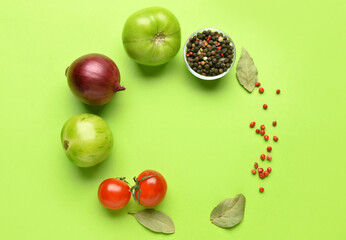 Frame made of ingredients for preparing canned tomatoes on color background