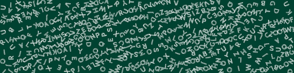 Falling letters of English language. Chalk sketch flying words of Latin alphabet. Foreign languages study concept. Unequaled back to school banner on blackboard background.