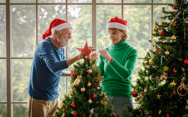Senior couple decorating Christmas tree against window