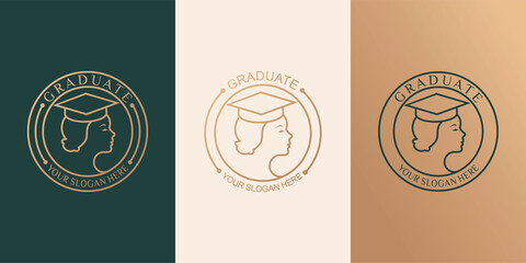 educational icon set  logo designs and beautiful woman graduating from university in vintage style. Vector Design Template