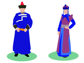 illustration of man and woman posing in traditional Mongolian dress