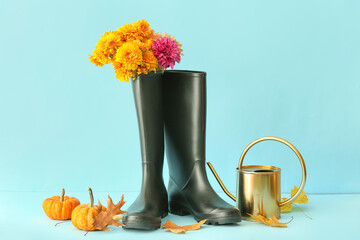 Composition with rubber boots, flowers, watering can and pumpkins on color background