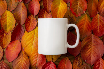 White coffee mug mockup with red yellow fall leaves
