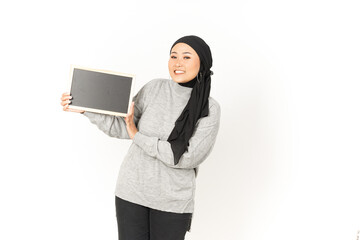 Showing, Presenting and holding Blank Blackboard of Beautiful Asian Woman Wearing Hijab