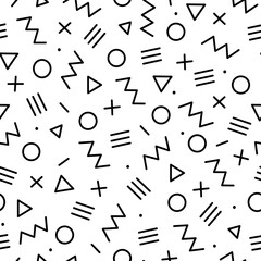 Seamless pattern with simple geometric figures. Memphis style for fashion, cloth, textile. Hand drawn vector illustration.