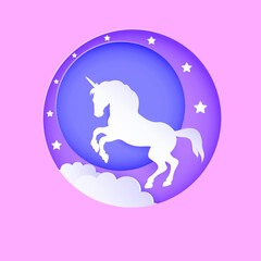 Cut-out style unicorn illustration on purple background. 