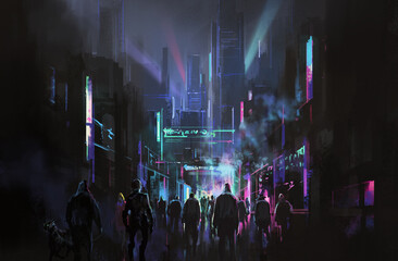 Cyberpunk style futuristic city street, 3d illustration.