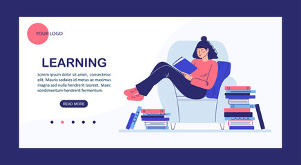 banner online learning and online library.cartoon style