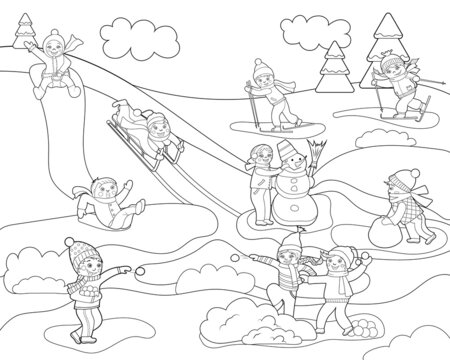 Coloring book. Winter outdoor activities with children and a snowman.