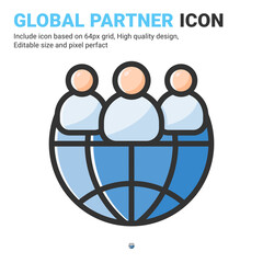 Global partner icon vector with outline color style isolated on white background. Vector illustration global economy sign symbol icon concept for business, finance, industry, company, apps and project