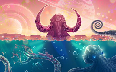 Summer fairy tale sea landscape with big rock as mammoth with tusks, ocean waves over fantasy planets in the sky, underwater world with octopus monster and snake reptile. Seascape illustration art.