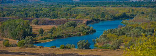 Fototapeta premium summer landscape, field and bend of the river