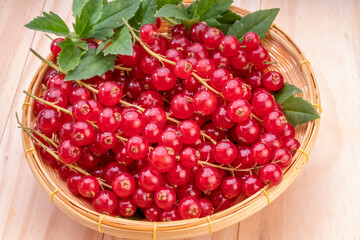 Table top view bunch of red currant in basket, Red currant berries with leaf on wooden table.