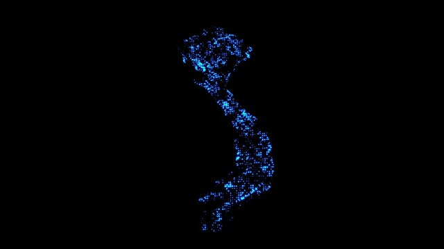 A map of the Vietnam country consisting of stars of shimmering blue particles on a black background.