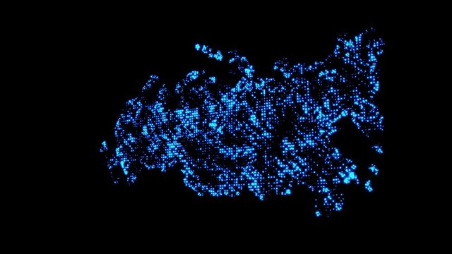 A map of the Russia country consisting of stars of shimmering blue particles on a black background.