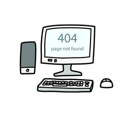 Page Not Found Error 404. A hand drawn vector layout template of a desktop computer with 404 error page displayed on its screen monitor.