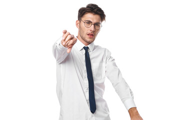 man with glasses gesturing with his hands light background