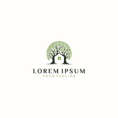 Obraz premium tree with leaves, Abstract house tree with line art logo design and business card Premium Vector 