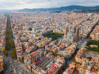 Obraz premium Aerial view of Barcelona and famous Sagrada Familia church, Catalonia, Spain