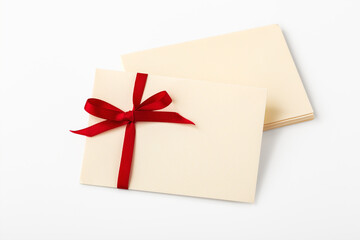 Letter with red bow ribbon on stack of envelope, mockup