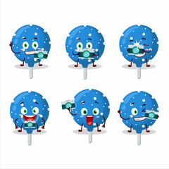 Photographer profession emoticon with snowflake blue candy cartoon character