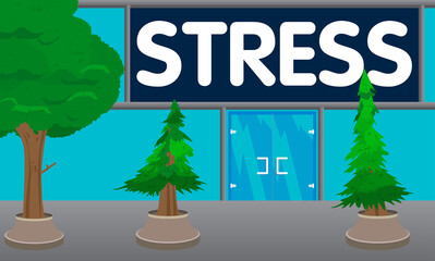 Stress text with front door background. Store, market, shop, Cafe, restaurant or drink establishment front with poster.
