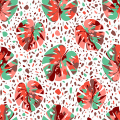 Seamless vector pattern with monstera leaves and stones like terrazzo. Multicolored plants and pebbles isolated on white background. Light trendy endless repeating natural print
