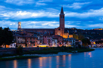 Night view of Verona with Adige river and Old Bridge, Italy