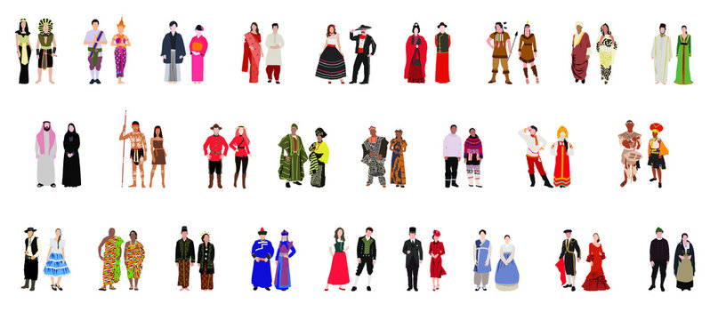 Set of illustration of international people in traditional costumes around the world