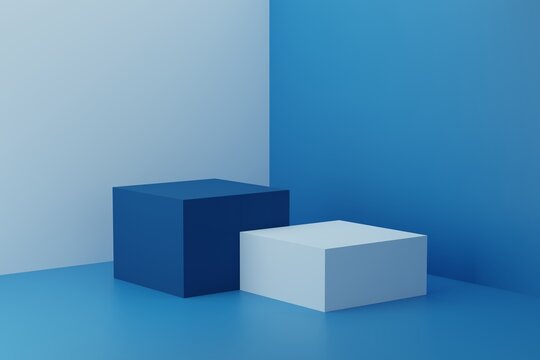 3D green empty display podiums for product advertising on blue two-tone background. 3D rendering of display podium and background. 3d illustration.