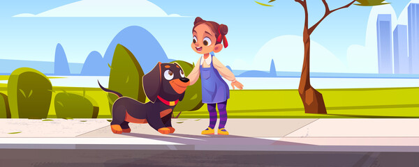 Little girl caress cute dachshund dog at city street or parkland area with trees and cityscape background. Child with pet, walk with domestic animal, cartoon funny characters, Vector Illustration