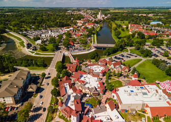  Aerial view of Frankenmuth city in Michigan, known for its Bavarian-style architecture.