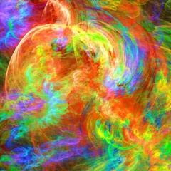 Conceptuele digitale kunstcompositie bestaande uit kleurrijke strepen en vlekken die een soort draaikolk vormen van opstijgende fluorescerende gassen.