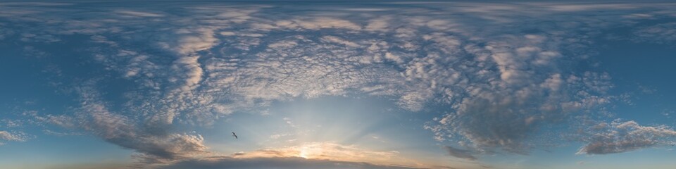 Dark blue sunset sky pano with Cirrus clouds. Seamless hdr panorama in spherical equirectangular format. Complete zenith for 3D visualization, game and sky replacement for aerial drone 360 panoramas.